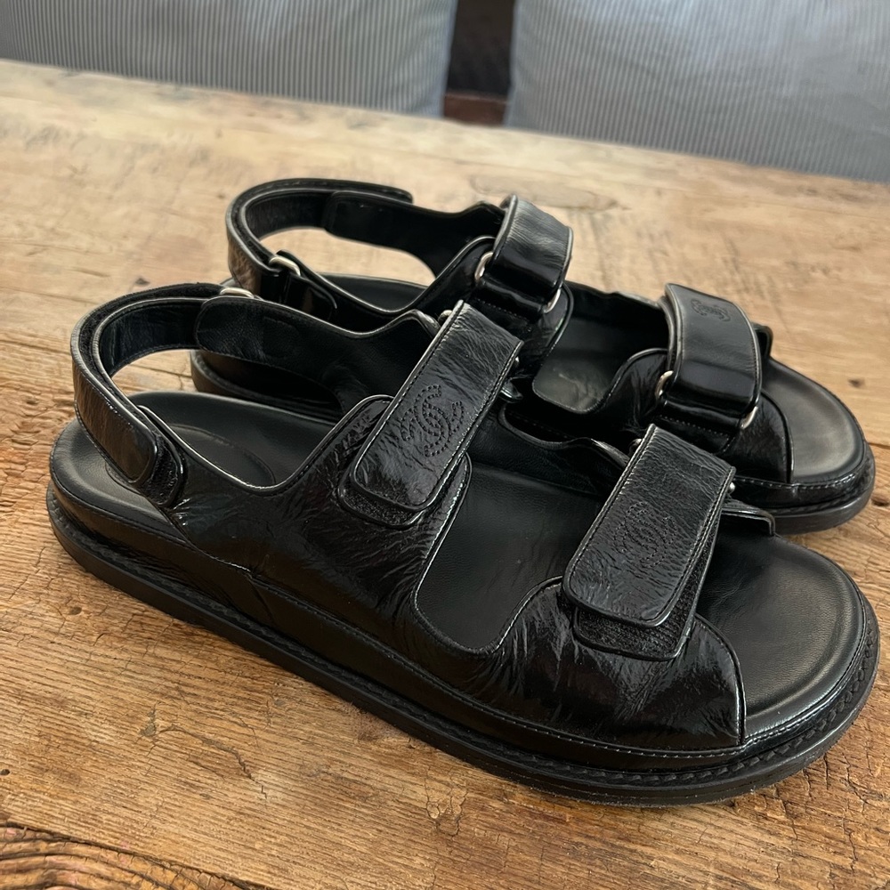 CHANEL PATENT LEATHER BLACK ON BLACK VELCRO DAD SANDALS